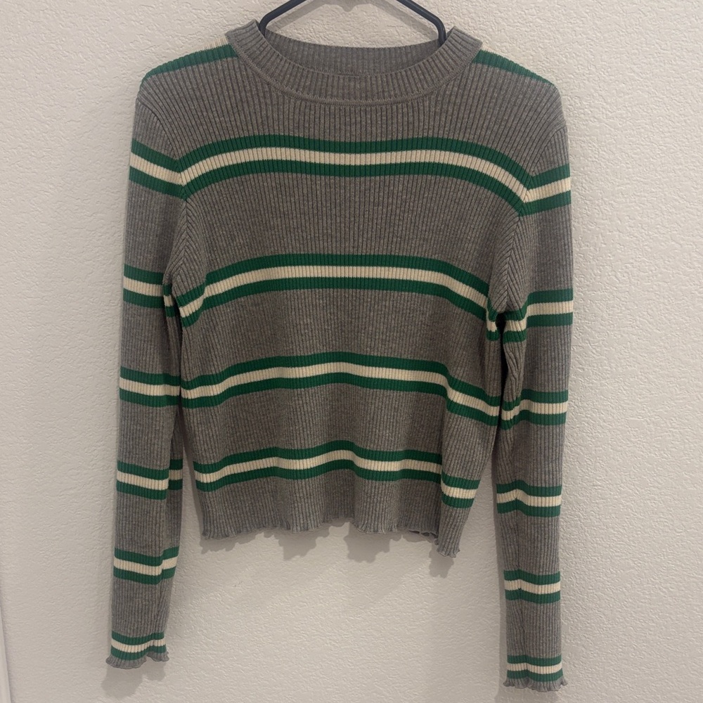 BP Gray and Green Striped Long Sleeve Tee
